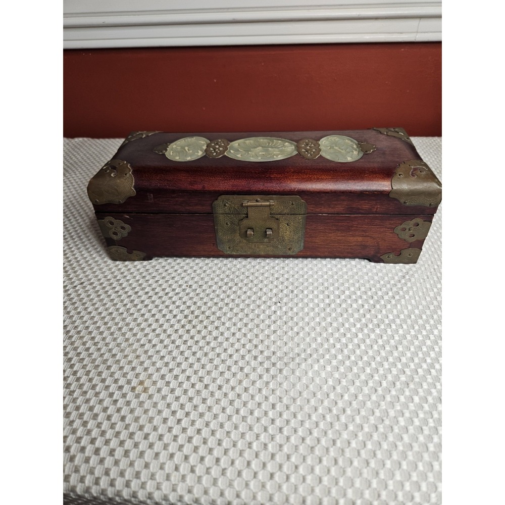 Vintage Chinese Rosewood Jewelry Box Brass Inlay Carved Jade Medallions